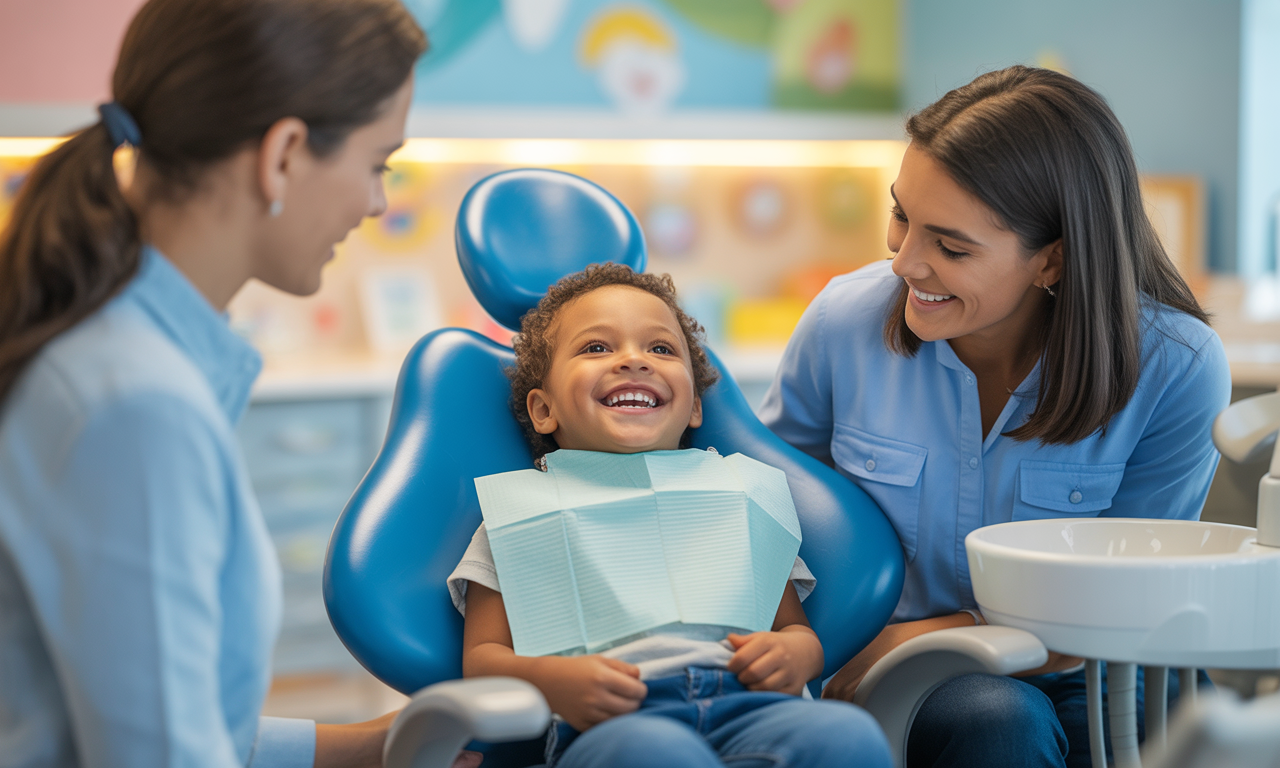 Young child laughing in a dental chair with their mother and a dentist smiling beside them.