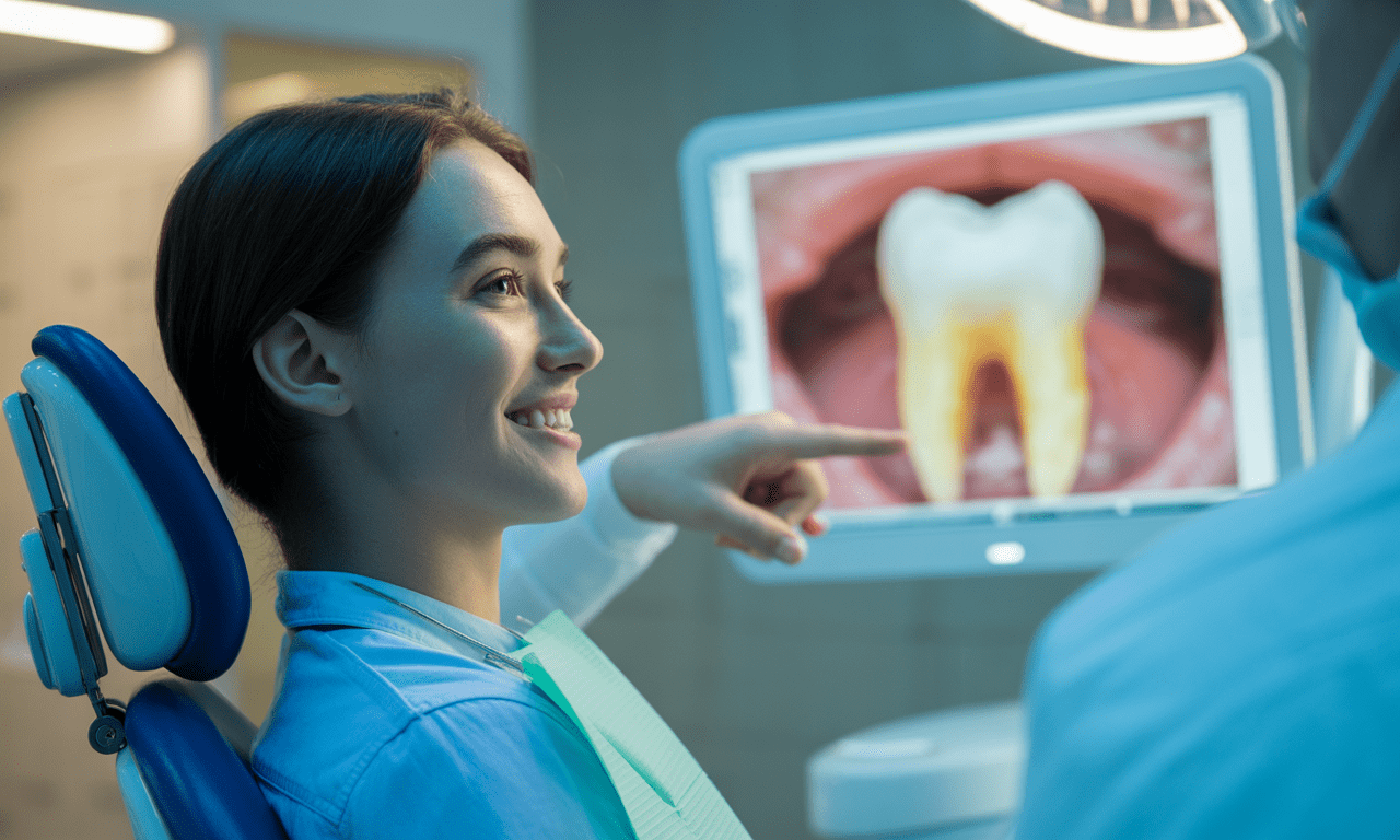 Young woman in a dental chair smiling and pointing at a tooth scan displayed on a monitor.