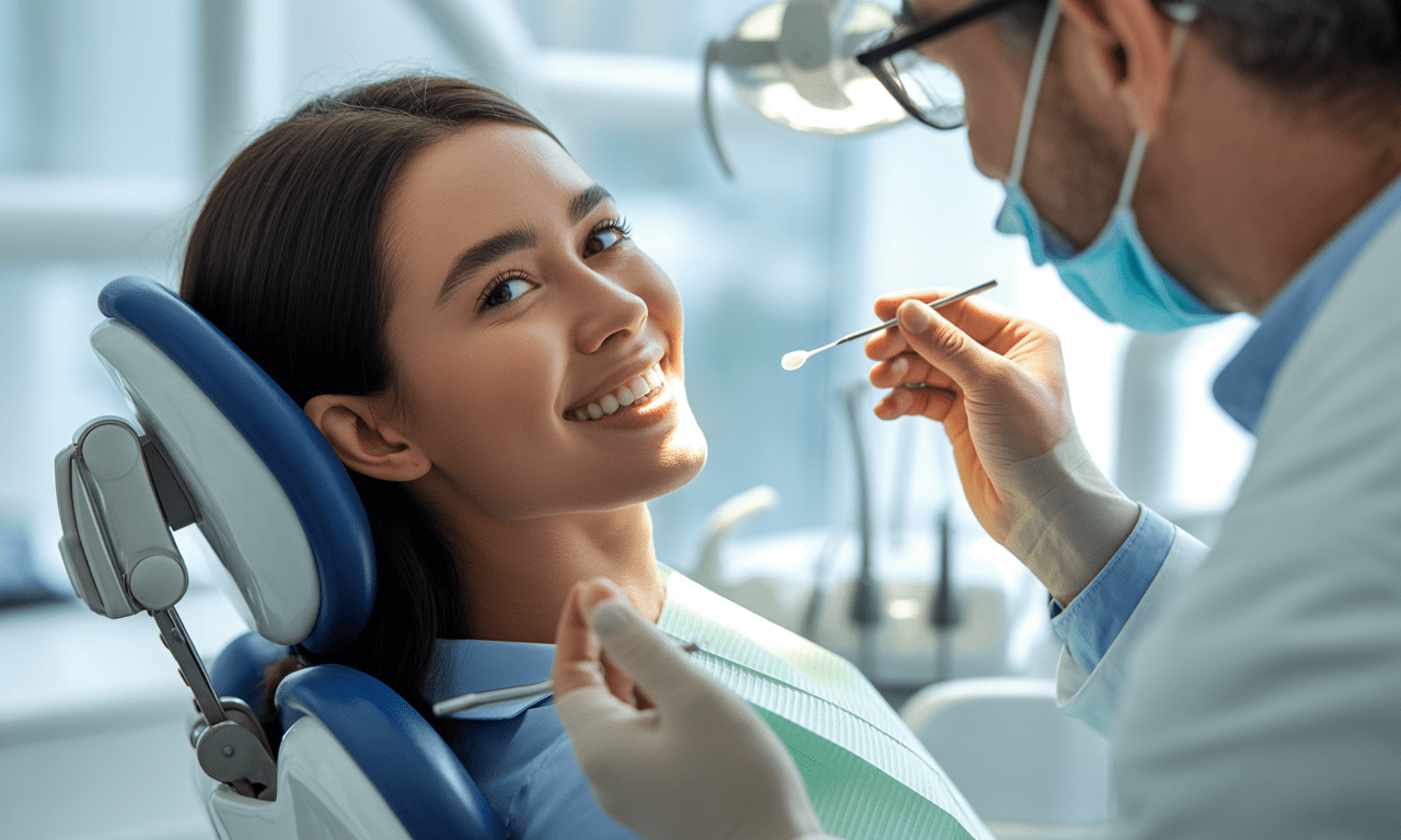 Young woman in a dental chair smiling and pointing at a tooth scan displayed on a monitor.
