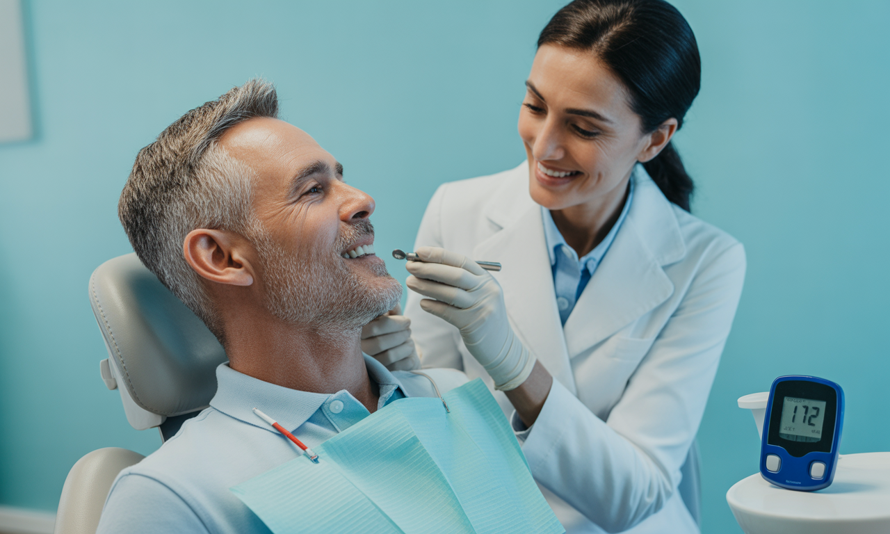 Smiling mature man having a dental checkup by a female dentist in a modern clinic.