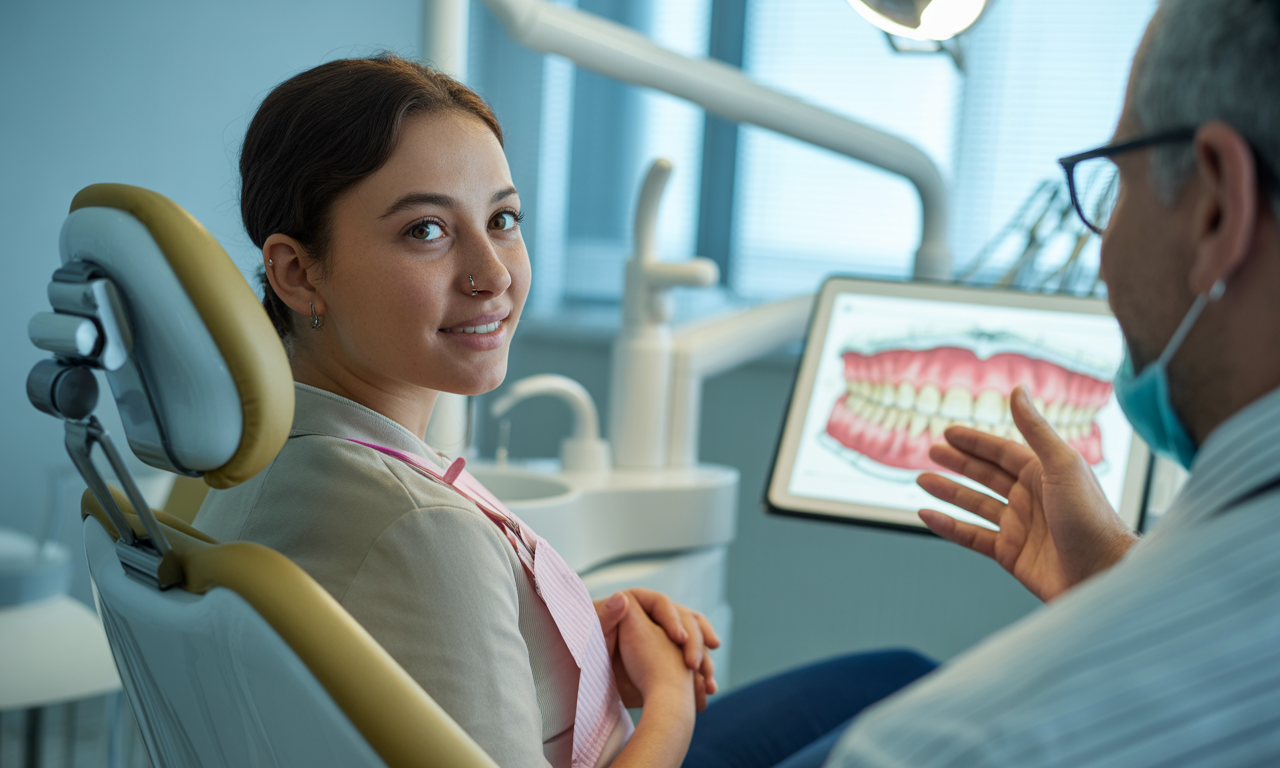 Partially visible woman at the dentist with the top portion visible; image appears corrupted with a large black section.