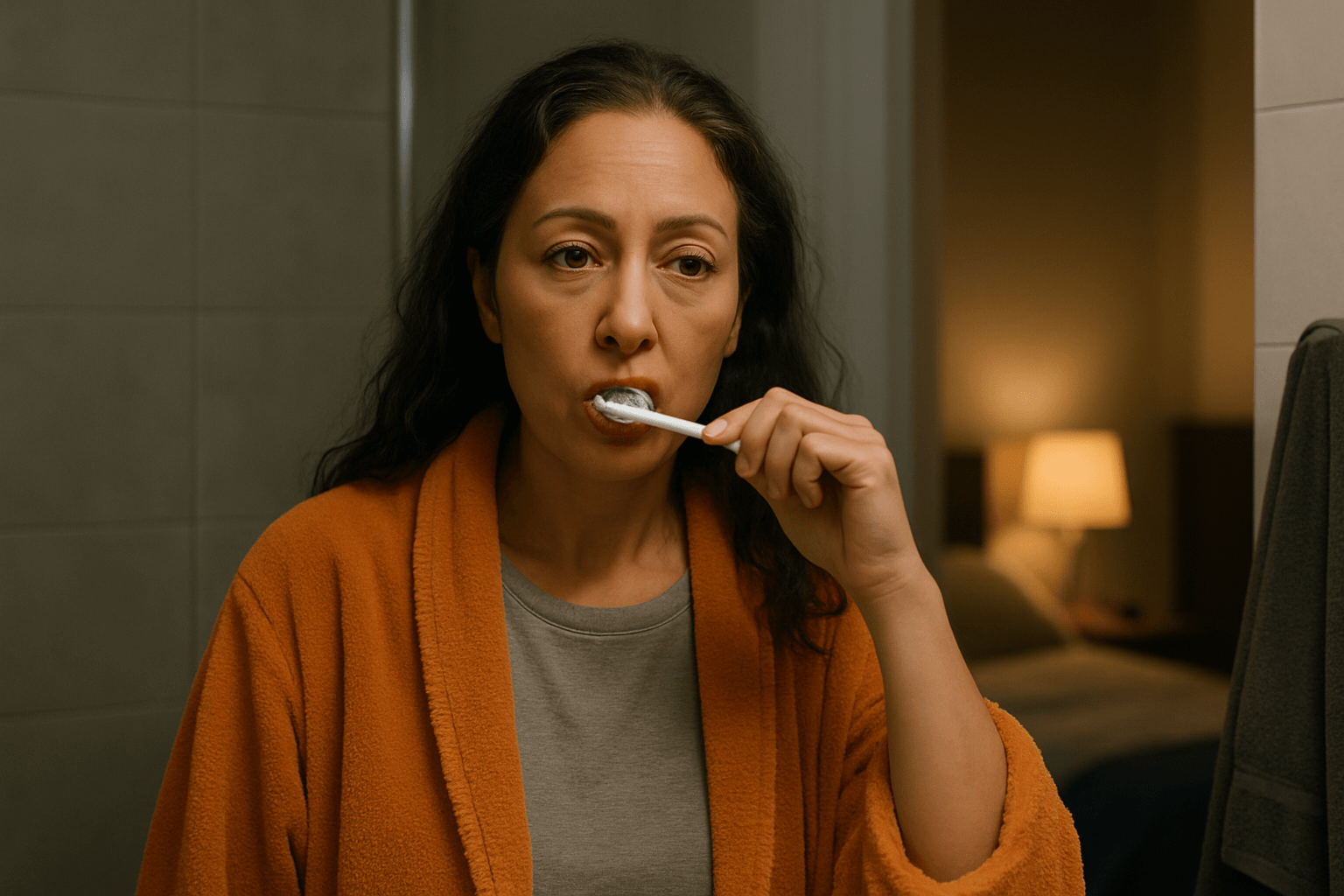 A woman in an orange bathrobe brushes her teeth in front of a bathroom mirror as part of her nightly routine.