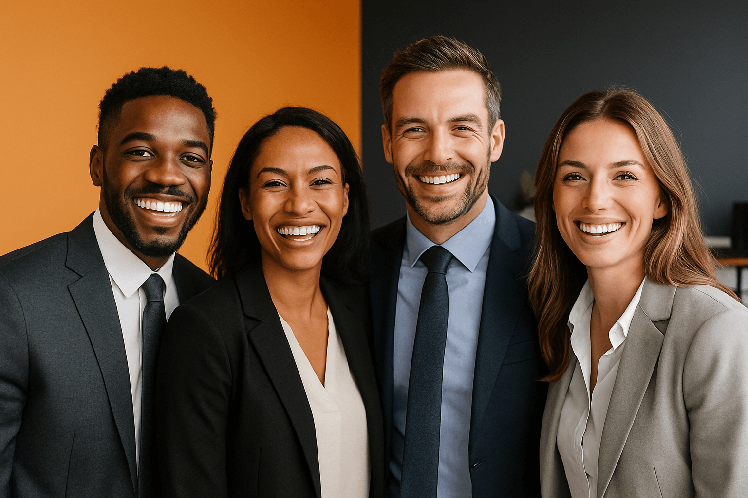 A group of four professionals in business attire smile confidently, showcasing healthy, bright smiles.