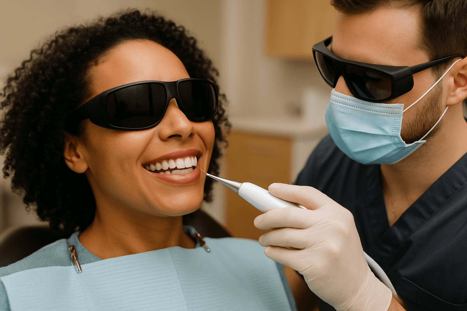 A dental patient wearing protective sunglasses smiles while a dentist in a mask and gloves prepares to clean her teeth with an ultrasonic tool.