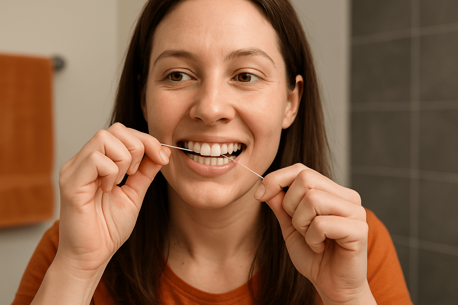 A woman in an orange shirt uses dental floss to clean between her teeth in a bathroom setting.