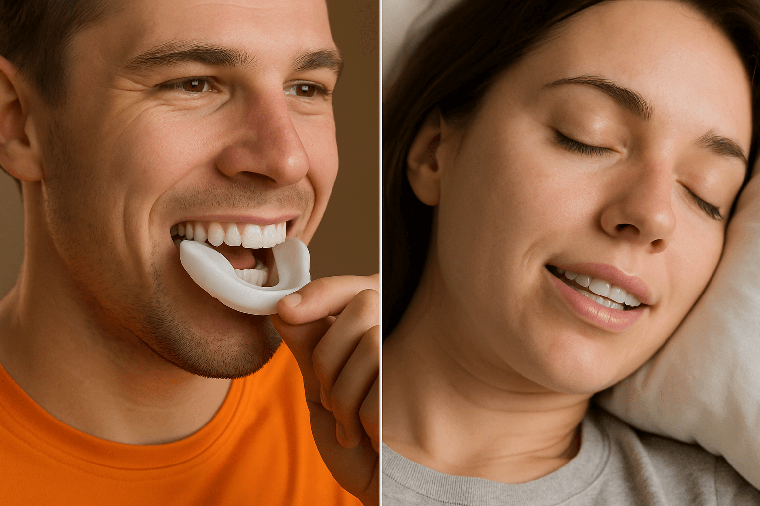 Split image: A man inserts a mouthguard before bed and a woman sleeps peacefully, both promoting dental health during sleep.