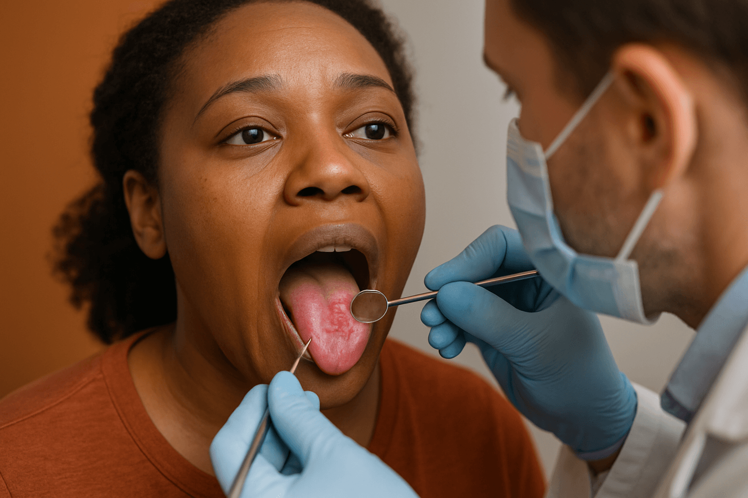 A dentist examines a patient’s tongue using a dental mirror and tool during an oral health checkup.