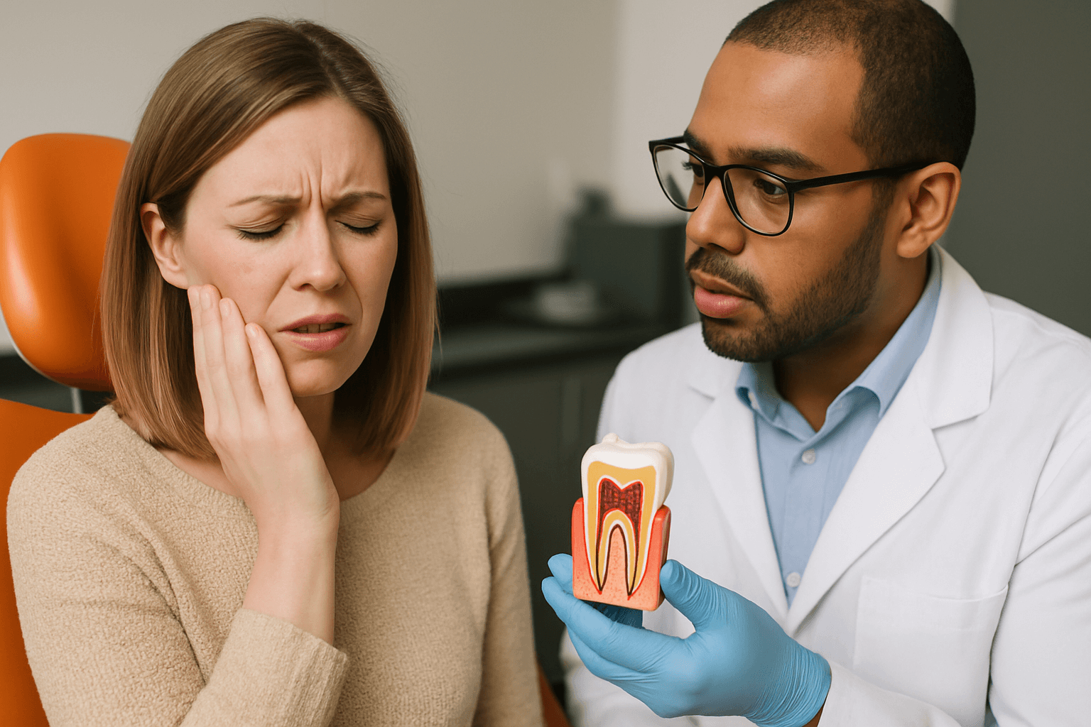 A concerned woman touches her cheek while a dentist explains tooth anatomy using a model, suggesting a discussion about tooth pain or problems.