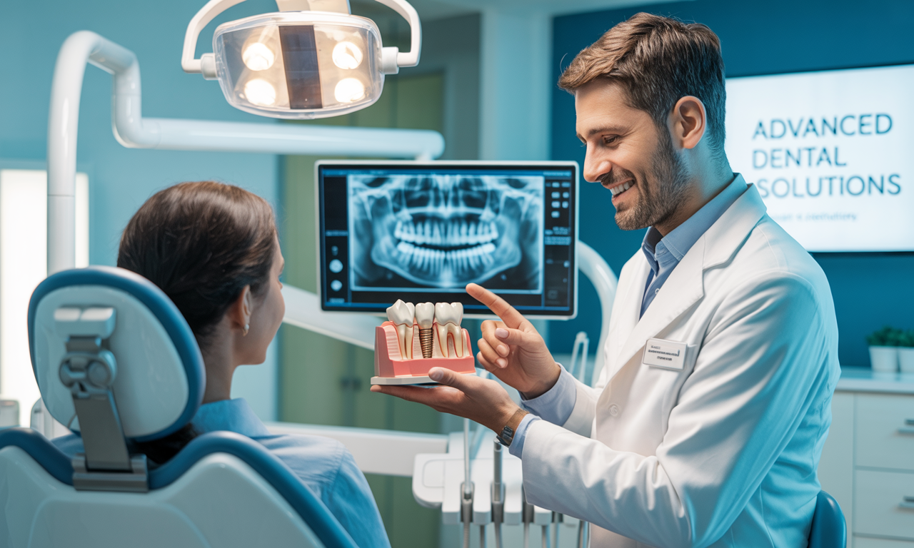 The best implant dentist near me explains a dental implant model with an x-ray display.
