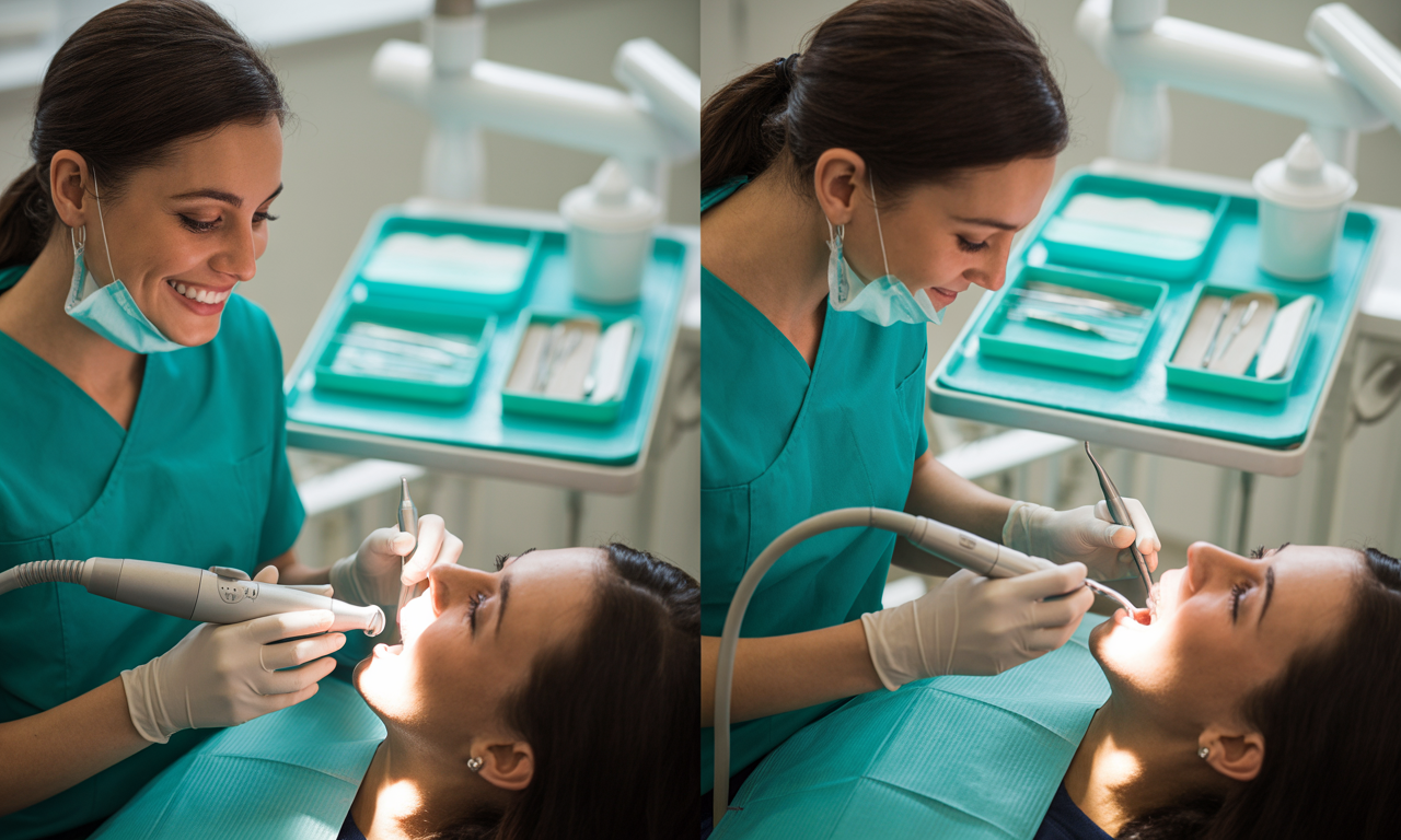 A hygienist performs a deep teeth cleaning with professional dental instruments.
