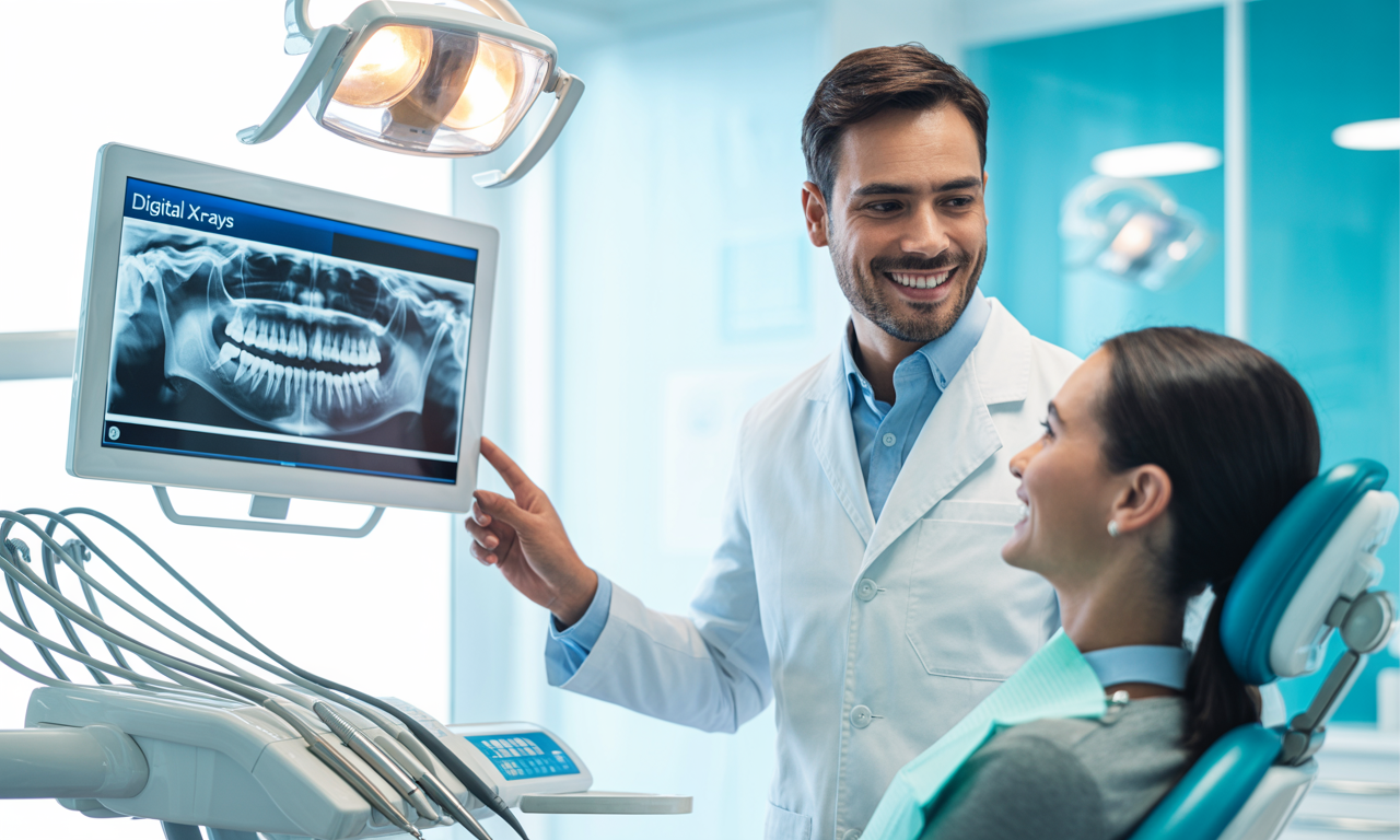 A dentist reviews a digital x-ray with a patient during a dentist consultation near me.