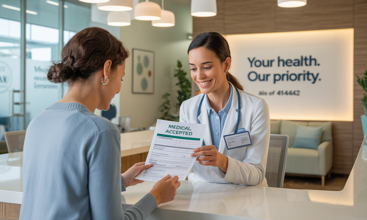 A smiling dentist that accept Medical hands a patient an approved form at the front desk.