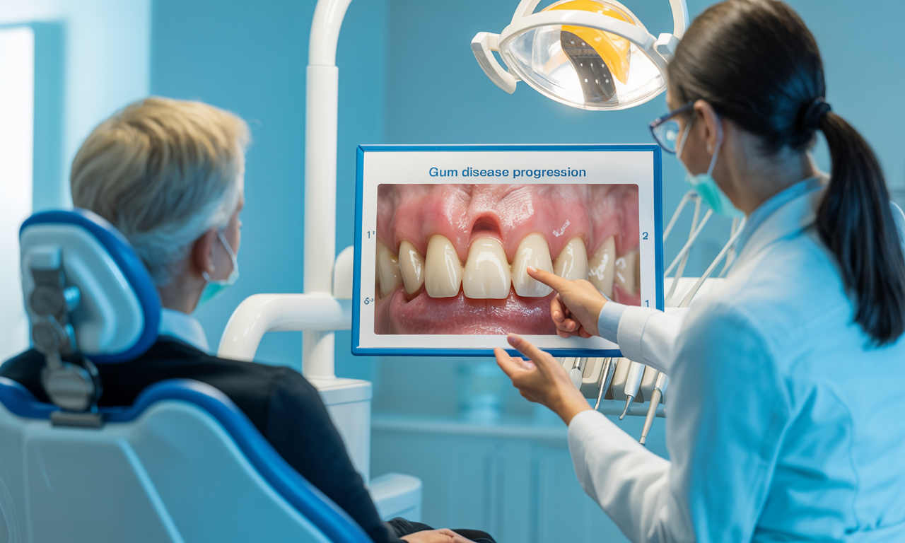 A gum disease doctor shows a visual of gum recession stages to educate a patient.