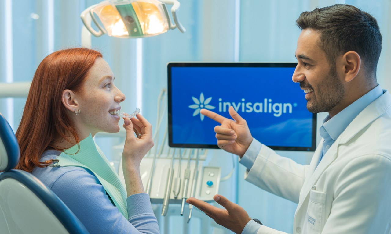 A patient tries on aligners during her Invisalign appointment with her dentist.