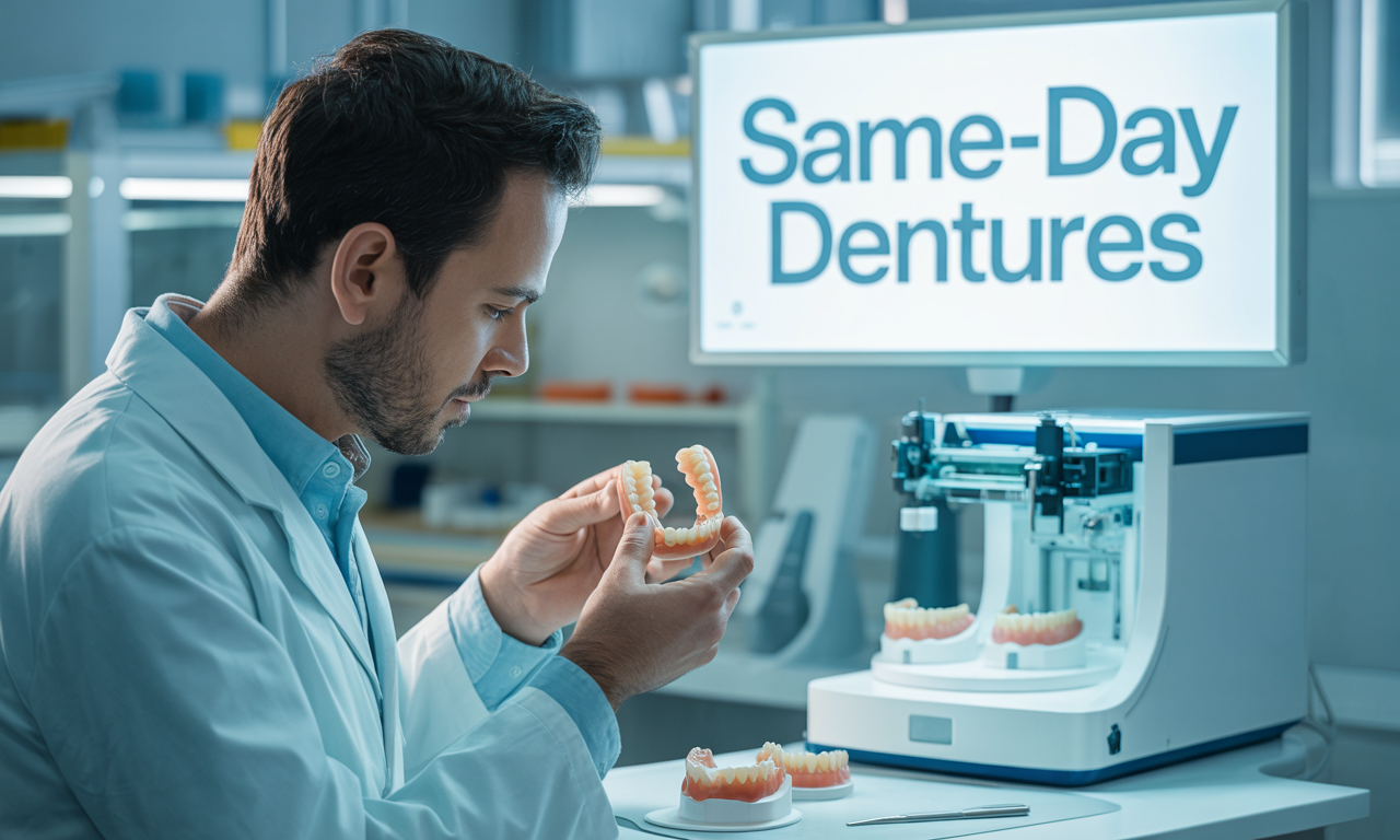A specialist prepares prosthetics at a lab offering same day dentures near me.