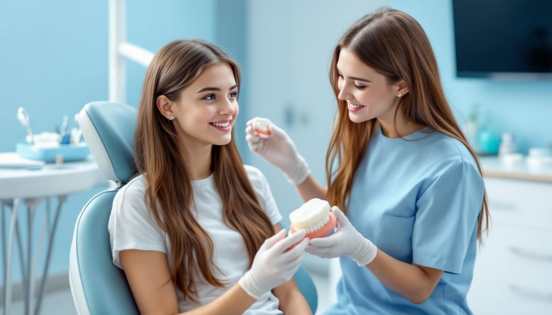 Dental Care for Teens: Addressing Common Challenges 1 A dental professional demonstrating proper dental care to a smiling teenager with a dental model in a modern clinic.