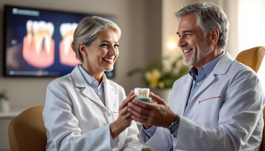 The Benefits of Dental Implants for Restoring Missing Teeth 15 A dentist discussing dental implants with a patient, holding a realistic model.