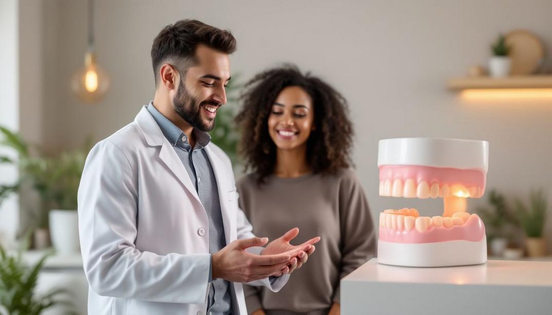 The Connection Between Gum Health and Overall Wellness 5 A dentist explaining gum health to a patient with a detailed dental model in hand.