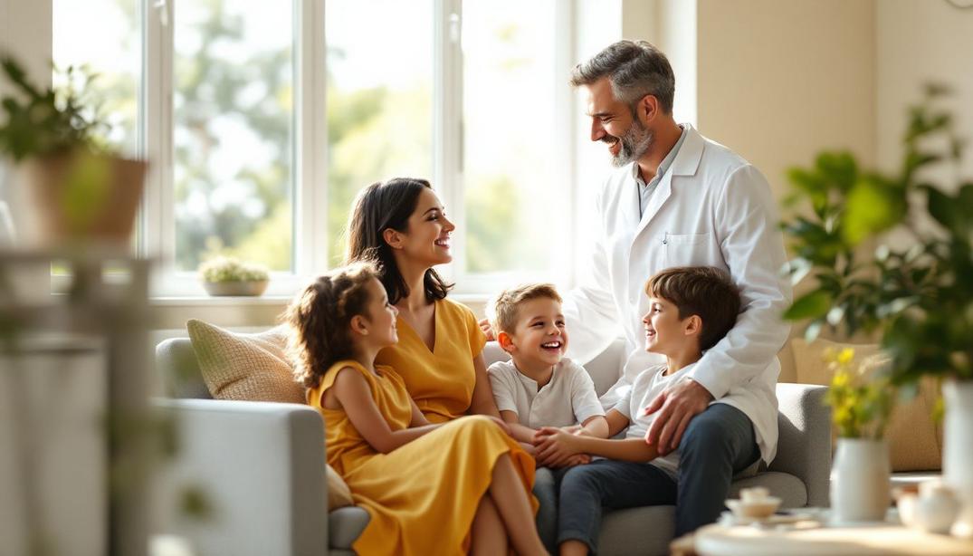 Why Preventive Dentistry Is Essential for Families 3 A dentist interacting warmly with a happy family in a bright, inviting environment.