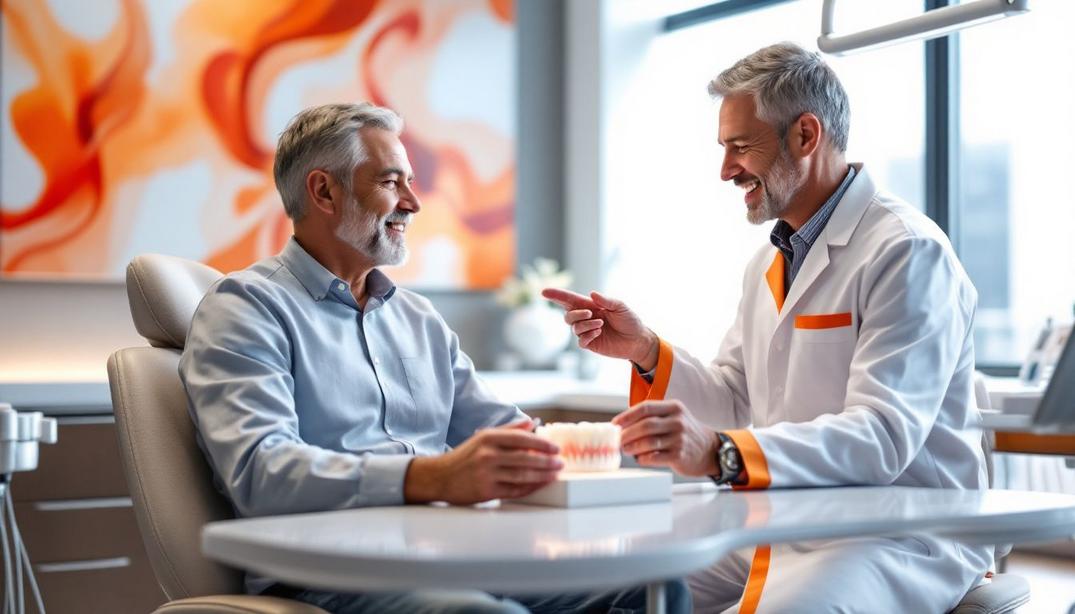 What Are Veneers, and Are They Right for You? 17 A dentist showing a patient how veneers enhance teeth appearance using a model.