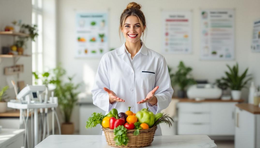The Role of Diet in Maintaining Healthy Teeth and Gums 9 A healthcare professional presenting a basket of fresh vegetables and fruits, promoting a diet for oral health.