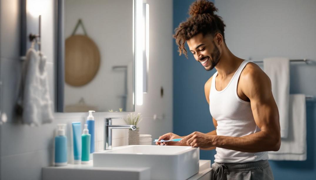 How to Maintain Optimal Oral Hygiene at Home 3 A man smiling while brushing his teeth in a bright, modern bathroom.