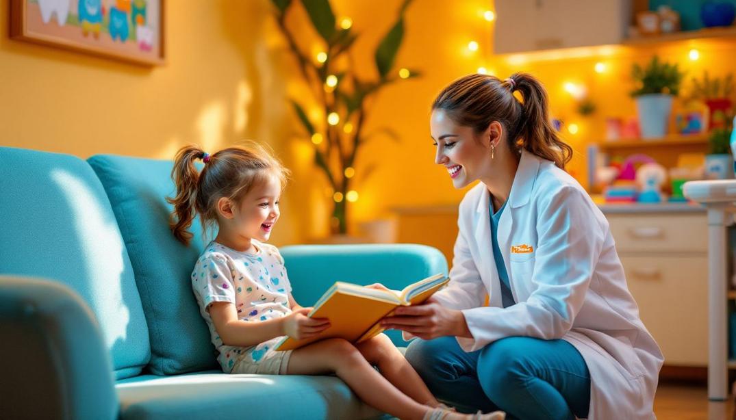 Making Dental Visits Enjoyable for Children: Tips for Parents 19 A pediatric dentist engaging with a young child by reading a book in a playful, child-friendly setting.