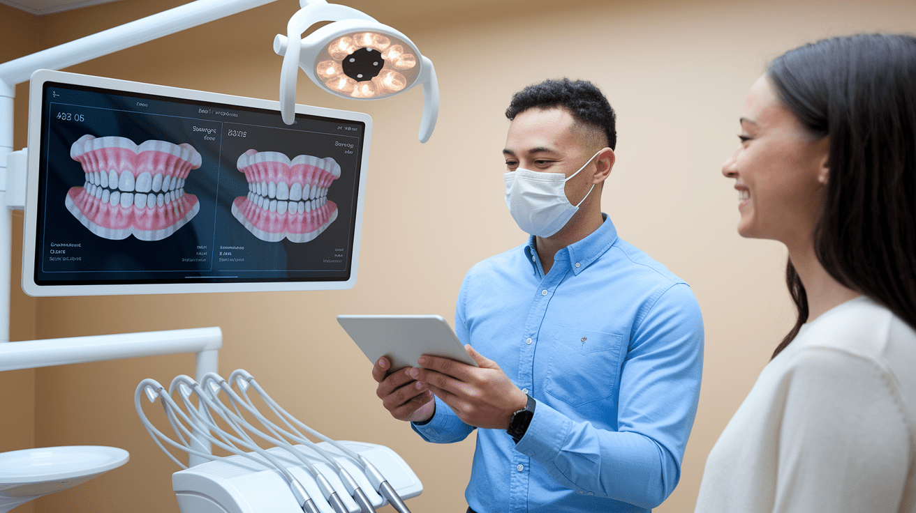Dental professional using AI-powered imaging to explain a digital oral scan to a female patient