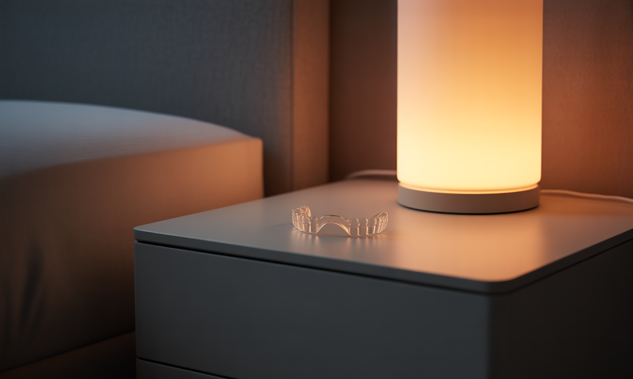 How Bruxism (Teeth Grinding) Affects Your Oral Health 1 Night guard on bedside table with soft lighting, symbolizing bruxism treatment
