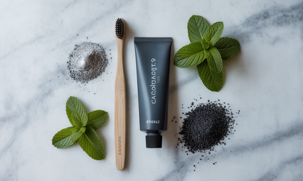 Natural oral care setup with charcoal toothpaste, bamboo toothbrush, and mint leaves.