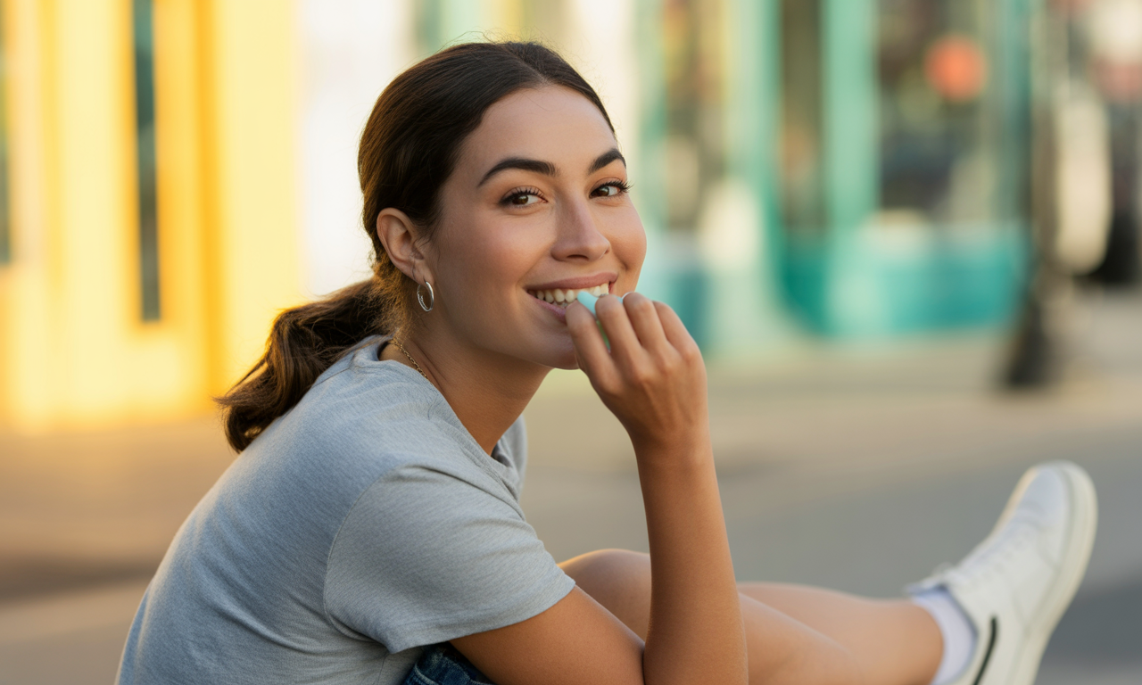 Smiling woman chewing gum outdoors to promote oral health