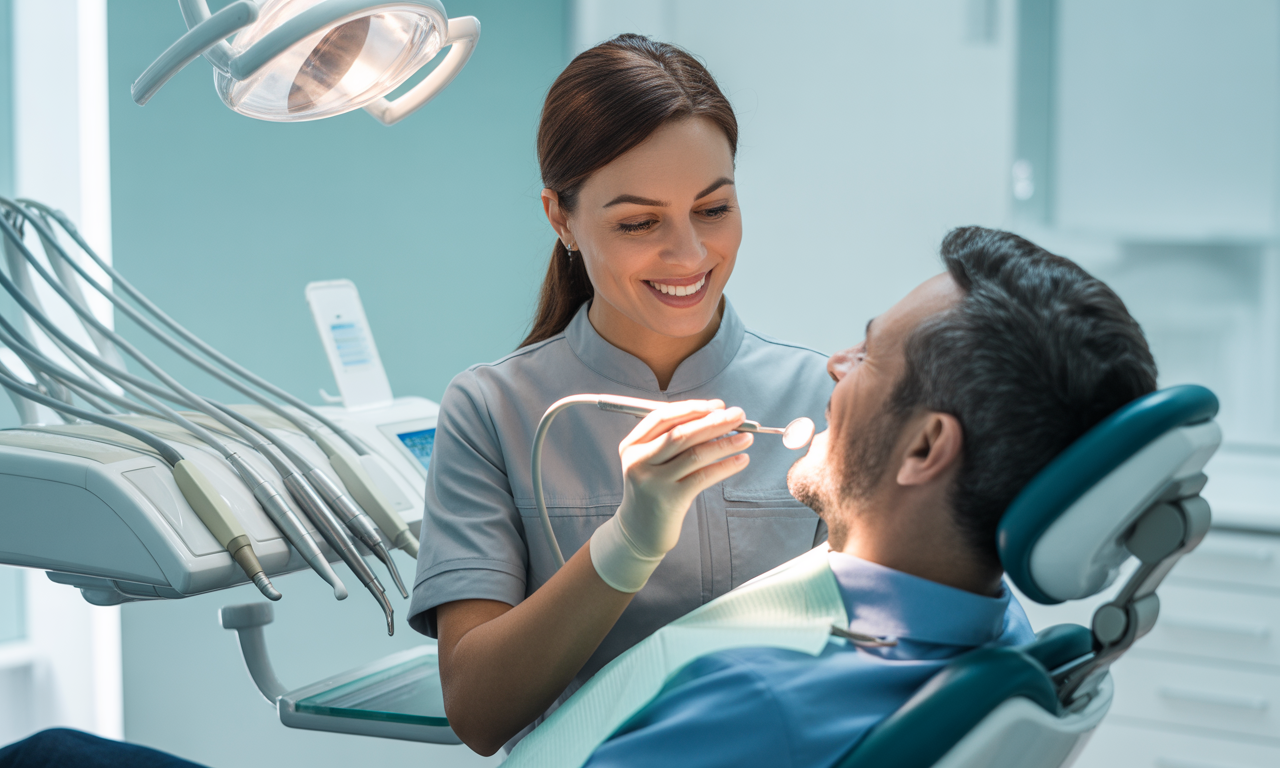 Dental hygienist performing deep cleaning on a patient in a bright dental office.