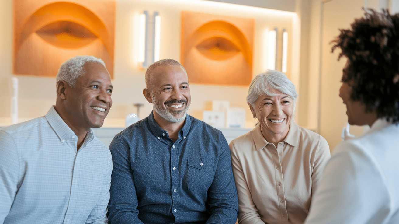 Happy senior patients discussing dental care options with a specialist in a modern clinic setting