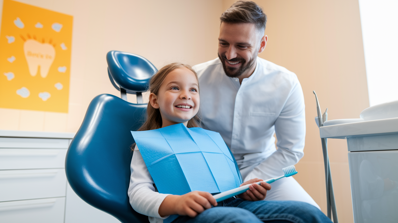 Dental Sealants: A Simple Solution for Preventing Cavities 13 A young girl smiling in a dental chair during a visit for dental sealants, holding a toothbrush with a dentist beside her.