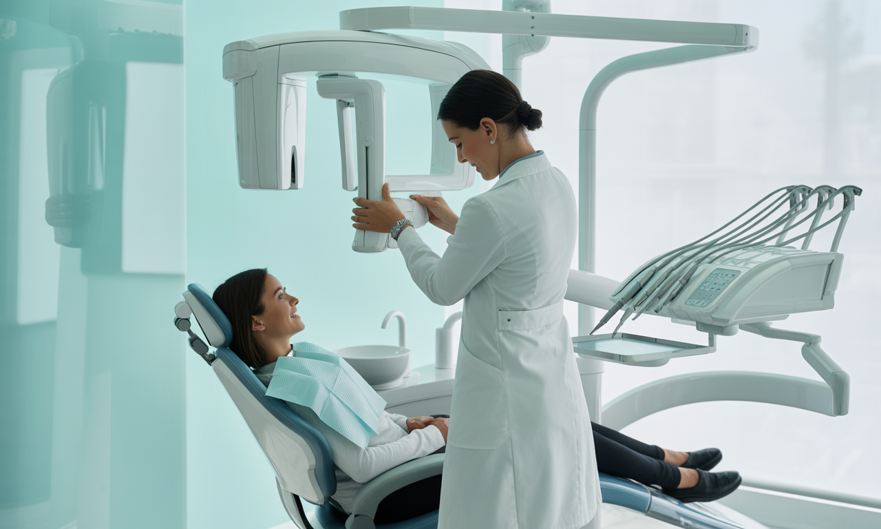 Dental X-Rays: Are They Safe and Why Are They Important? 9 Dentist preparing 3D panoramic x-ray machine for a patient in a modern clinic