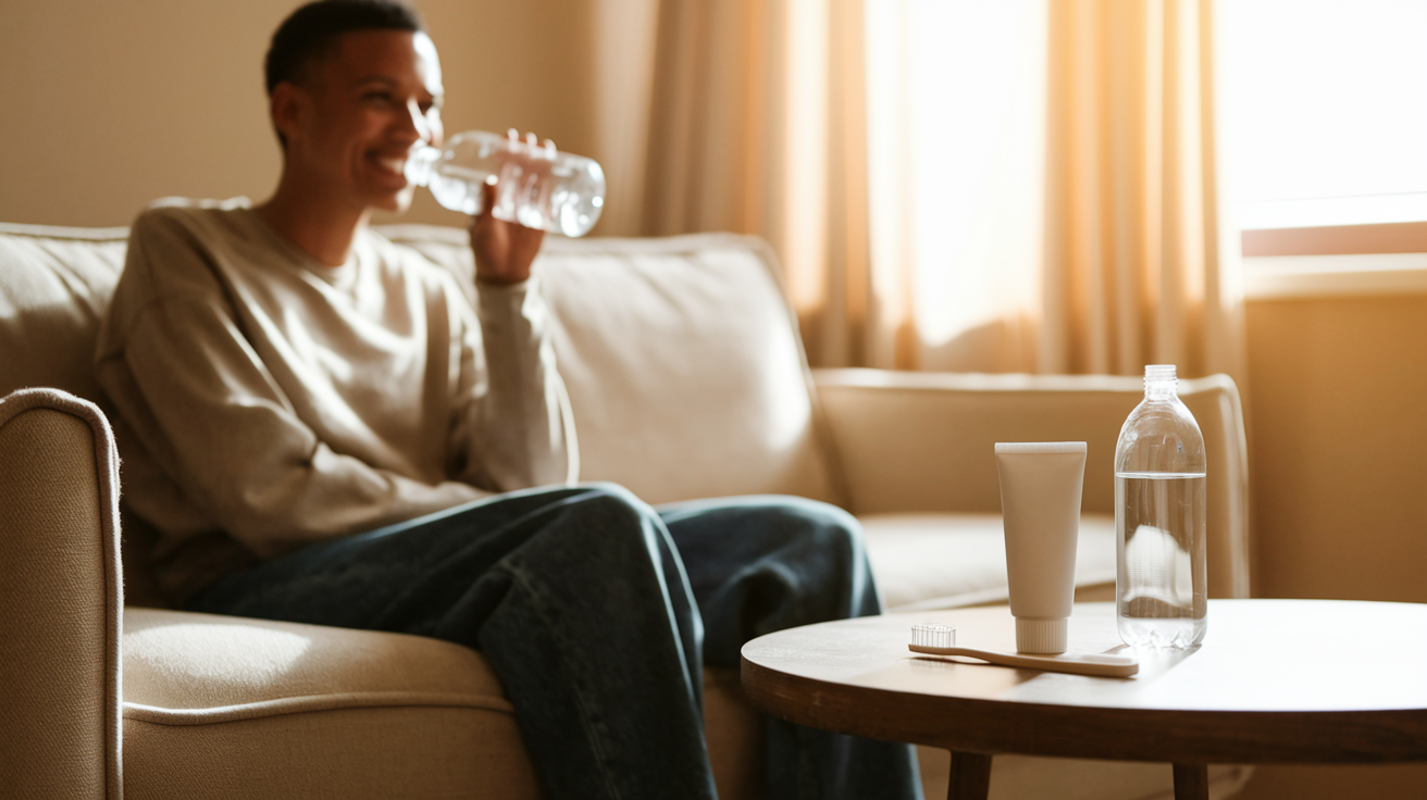 A person drinking water at home with a toothbrush and toothpaste on the table, representing dry mouth treatment.
