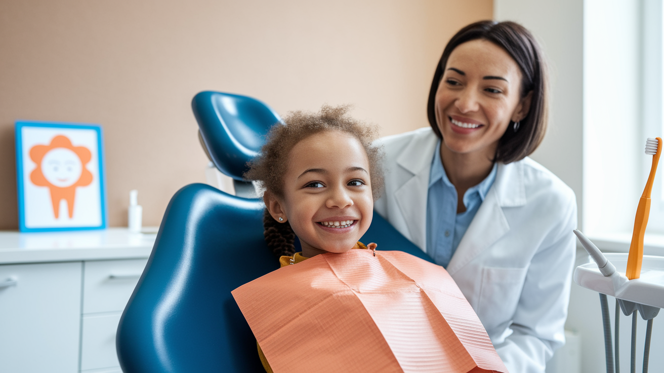 Why Early Dental Visits Are Crucial for Your Child’s Long-Term Oral Health 18 A young child smiling during an early dental visit, sitting in a dental chair with a dentist nearby.