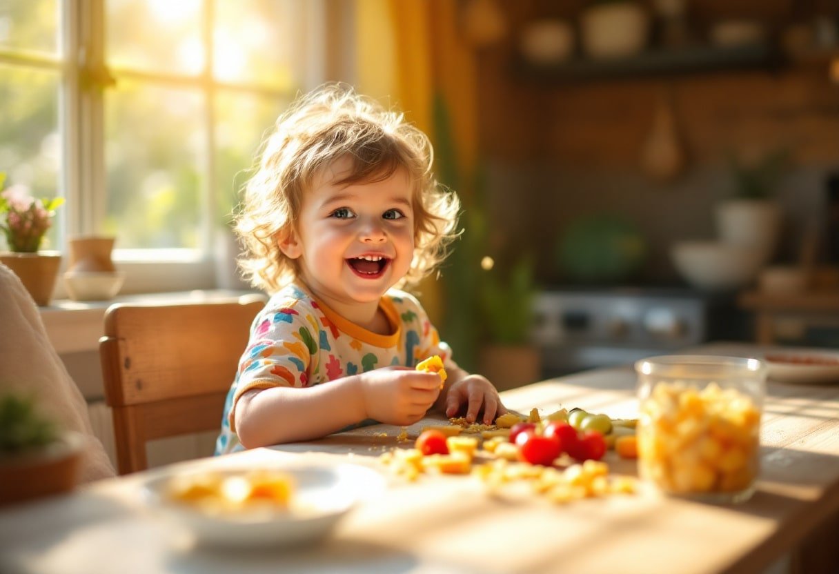 Happy toddler enjoying a healthy snack of fruits and vegetables in a bright kitchen.