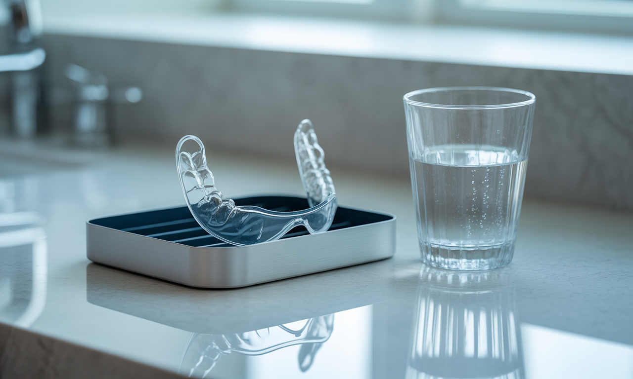 Do You Really Need a Night Guard? Signs You Might Benefit From One 1 Clear dental night guard drying in case beside a glass of water on bathroom counter