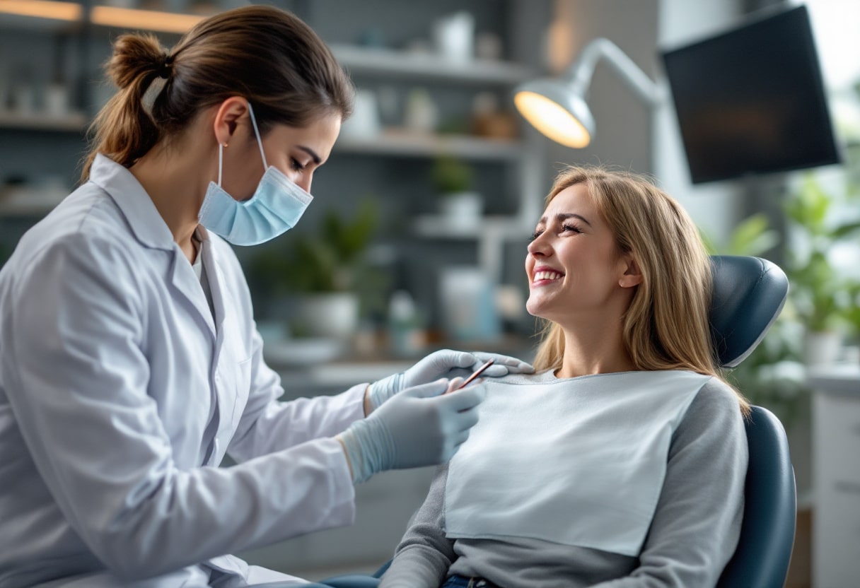 How to Overcome Fear of the Dentist: Modern Solutions for Anxious Patients 1 Female patient smiling confidently while receiving dental care from a masked dentist.