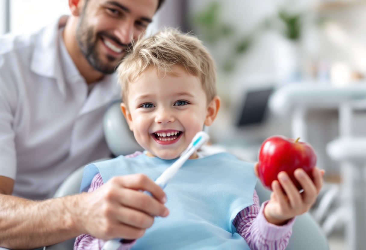 How to Prevent Cavities Naturally: Tips Beyond Brushing & Flossing 1 Young child at the dentist holding a red apple and toothbrush, promoting natural cavity prevention.