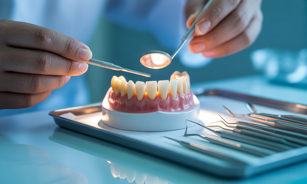 Close-up of dental model and tools used during a tooth filling replacement demonstration.