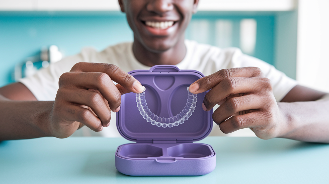Why Retainers Are Essential After Braces or Clear Aligners 1 A smiling individual is holding a clear aligner case, showcasing the importance of retainers after braces to maintain alignment.