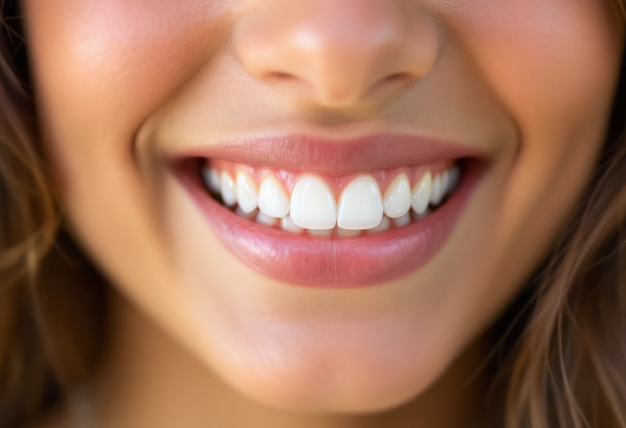 Close-up of a person’s perfectly aligned white teeth, showcasing natural straightening options.
